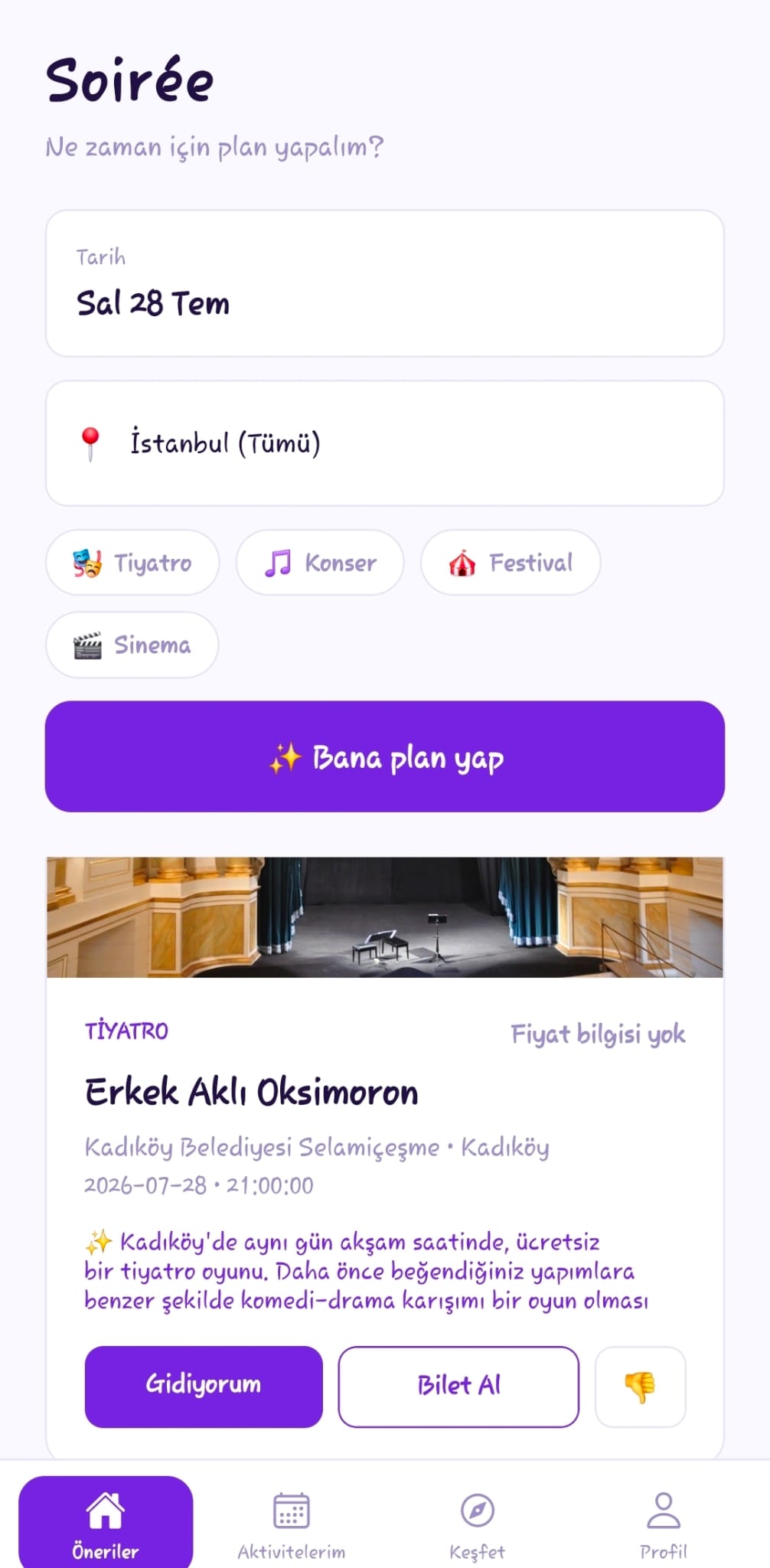 Soirée öneri ekranı